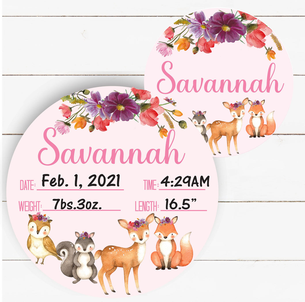 Floral Woodland Animals Birth Stat Sign