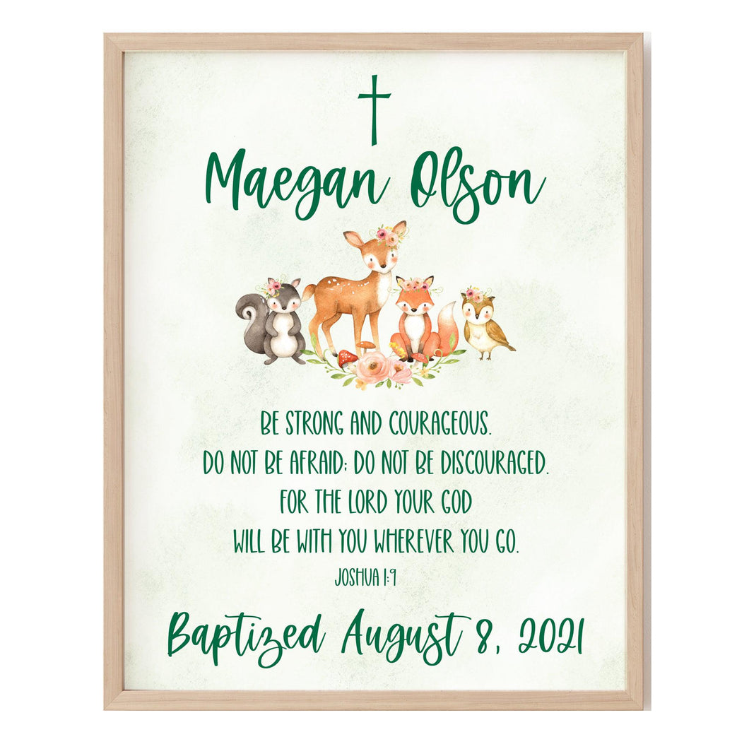 Baptism Wall Décor - Personalized Watercolor Woodland Animals Keepsake For Girls