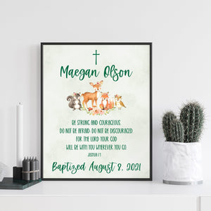 Baptism Wall Décor - Personalized Watercolor Woodland Animals Keepsake For Girls